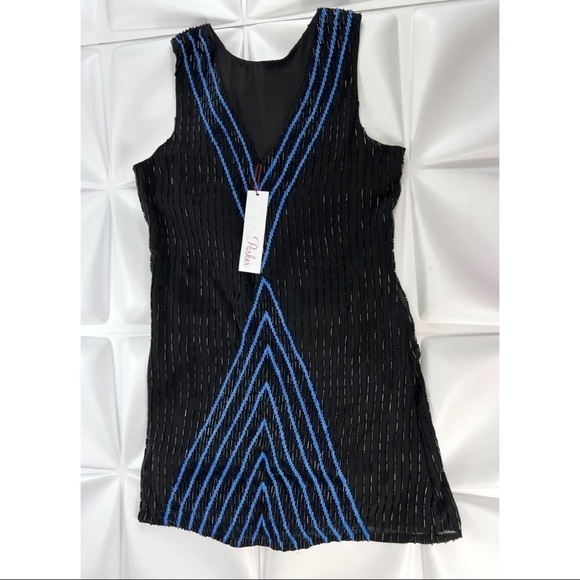 $396 NWT Parker Sz M Black Blue Silk Hourglass Chevron Beaded Mini Dress NEW - Picture 6 of 11